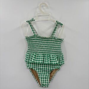Old Navy One Piece‎ Swimsuit Kids 4T Green Gingham Smocked Peplum Tie Shoulder